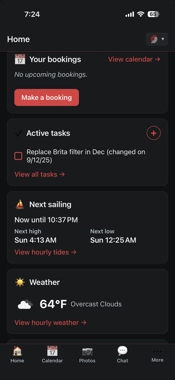 Home — bookings, tasks, tides & weather
